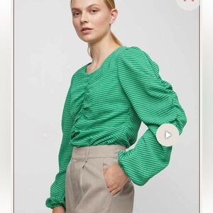 Just Female MiMi striped ruched green blouse 40 Large NWT